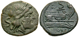 "Anonymous. After 211 B.C. AE semis (21.4 mm, 6.03 g, 1 h). Iberian imitation. Rome. Laureate head of Saturn right; S (denomination) behind / ROMA, pr...