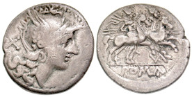 "A. Terentius Varro. Ca. 206-200 B.C. AR denarius (19.5 mm, 3.86 g, 2 h). Rome. Helmeted head of Roma right / ROMA, The Dioscuri riding right; VAR mon...