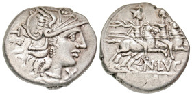 "Cn. Lucretius Trio. 136 B.C. AR denarius (18.9 mm, 3.87 g, 11 h). Rome mint, Struck 136 B.C. TRIO, helmeted head of Roma right; beneath jaw, X / CN ·...