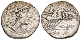 "M. Papirius Carbo. 122 B.C. AR denarius (18.3 mm, 3.41 g, 1 h). Rome mint , Struck 122 B.C. Helmeted head or Roma right, palm-branch behind, X beneat...