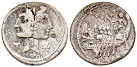 "C. Fonteius. 114-113 B.C. AR denarius (19.5 mm, 3.37 g, 3 h). Rome mint, Struck ca, 114/13 B,C,. Beardless heads of the Diorcuri in Janiform conjunct...