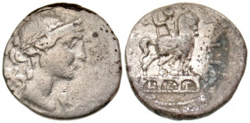 "Mn. Aemilius M.f. Lepidus. 114-113 B.C. AR denarius (18.7 mm, 3.81 g, 6 h). Rome mint, Struck ca. 114/13 B.C. R[OM - A], laureate and diademed head o...