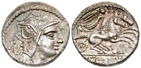 "D. Junius L.f. Silanus. 91 B.C. AR denarius (17.2 mm, 4.08 g, 12 h). Rome mint, Struck 91 B.C. anepigraphic, Helmeted head of Roma right, N (or Z?) b...