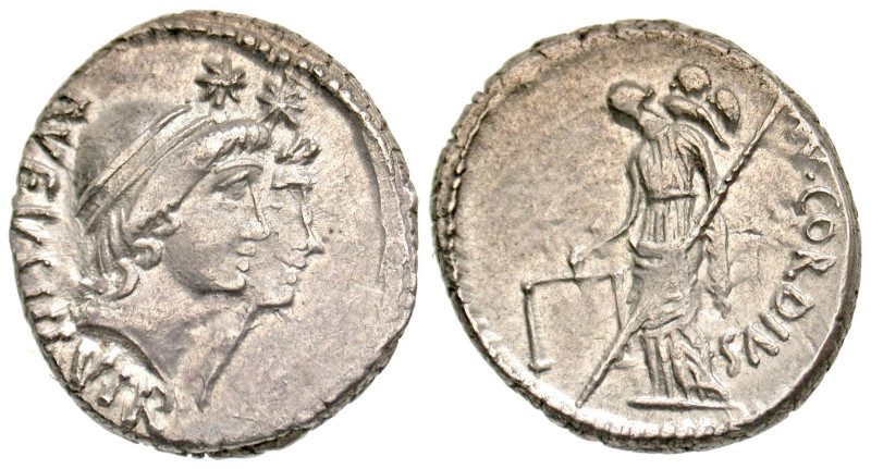 "Mn. Cordius Rufus. 46 B.C. AR denarius (19.1 mm, 4.09 g, 7 h). Jugate heads of ...