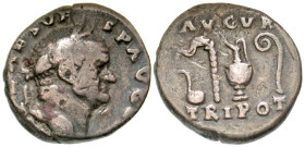 "Vespasian. A.D. 69-79. AR denarius (17.4 mm, 3.05 g, 6 h). Rome mint, Sruck A.D. 71. IMP CAES VESP AVG P M, laureate head right / AVGVR TRI POT, simp...