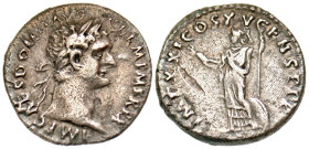 "Domitian. A.D. 81-96. AR denarius (18.1 mm, 3.10 g, 7 h). Rome mint, Struck A.D. 90-91. Laureate head of Domitian right / Minerva standing left, hold...