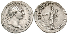 "Trajan. A.D. 98-117. AR denarius (18.8 mm, 3.48 g, 7 h). Rome mint, Struck A.D. 107. IMP TRAIANO AVG GER DAC P M TR P, laureate bust of Trajan right,...