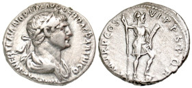 "Trajan. A.D. 98-117. AR denarius (18.2 mm, 3.72 g, 7 h). Rome mint, Struck A.D. 116. [IMP CAE]S NER TRAIAN OPTIM AVG GER DAC PARTHICO, laureate and d...