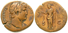 "Hadrian. A.D. 117-138. AE sestertius (31.9 mm, 29.89 g, 5 h). Rome mint, Struck A.D. 126. HADRIANVS AVG[VSTVS], laureate bust of Hadrian right, drape...