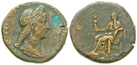 "Sabina. Augusta, A.D. 128-136/7. AE sestertius (30.6 mm, 23.63 g, 6 h). Rome mint, Struck A.D. 130. SABINA AVGVSTA HADRIANI AVG P P, diademed and dra...