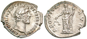 "Antoninus Pius. A.D. 138-161. AR denarius (19.3 mm, 3.10 g, 6 h). Rome mint, Struck A.D. 141. ANTONINVS AVG PI - VS P P TR P COS III, laureate head o...