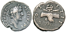 "Antoninus Pius. A.D. 138-161. AR denarius (17.7 mm, 3.12 g, 6 h). Rome, A.D. 146. ANTONINVS AVG PIVS PP, laureate head right / COS IIII, clasped hand...