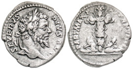 "Septimius Severus. A.D. 193-211. AR denarius (18.6 mm, 3.21 g, 7 h). Rome mint, Struck A.D. 200-201. SEVERVS PIVS AVG, laureate head of Septimius Sev...