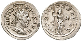 "Philip I. A.D. 244-249. AR antoninianus (24.1 mm, 5.29 g, 6 h). Rome Mint, Struck A.D. 248. IMP PHILIPPVS AVG, radiate, drapd and cuirassed bust of P...