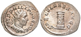 "Philip I. A.D. 244-249. AR antoninianus (24.3 mm, 4.01 g, 7 h). Rome mint, struck A.D. 249. IMP PHILIPPVS AVG, radiate, draped and cuirassed bust rig...