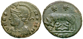 "City Commemorative. A.D. 330-354. AE 16 (AE3/4) (15.9 mm, 1.64 g, 6 h). Trier mint, Struck A.D. 330-331. VRBS ROMA, mantled bust of Roma left wearing...