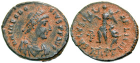 "Theodosius I. A.D. 379-395. AE 14 (AE4) (13.8 mm, 1.03 g, 12 h). Antioch mint, Struck A.D. 388-392 & 392-395. D N THEODO - SIVS P F AVG, pearl-diadem...