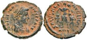 "Theodosius I. A.D. 379-395. AE 14 (AE4) (14.3 mm, 1.25 g, 12 h). Antioch mint, Struck A.D. 388-392 & 392-395. D N THEODO - SIVS P F AVG, pearl-diadem...