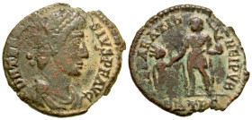 "Theodosius I. A.D. 379-395. AE 24 (AE2) (23.6 mm, 3.89 g, 6 h). Thessalonica mint, Struck A.D. 379-383. D N THE[ODO] - SIVS P F AVG, pearl-diademed, ...