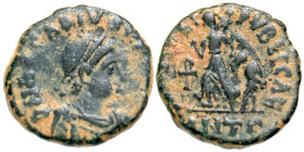 "Arcadius. A.D. 383-408. AE 13 (AE4) (12.1 mm, 1.37 g, 11 h). Antioch mint, Struck A.D. 388-392. D N ARCADIVS [P F] AVG, pearl-diademed, draped and cu...