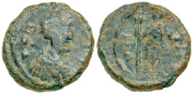 "Justinian I. 527-565. AE Pentanummium (13.5 mm, 2.03 g, 7 h). Cherson mint. Diademed, draped and cuirassed bust right / Emperor standing facing, head...