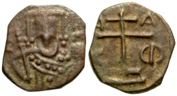 "Alexius I Comnenus. 1081-1118. AE half tetarteron (14.9 mm, 1.31 g, 5 h). Uncertain mint in Greece. Patriarchal cross set on two steps; A-Δ / K-Φ acr...