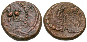 "South India, Madurai Nayak Dynasty. Anonymous. 1700-1736. CU Kasu (15.1 mm, 3.00 g, 12 h). Palani mint. Crawling Kord Krishna in Baby form holding ch...