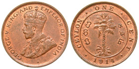 "Ceylon. One cent. 1914. KM 107. BU mint, red. "