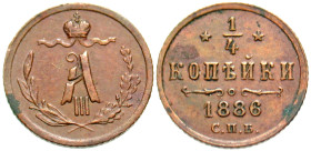 "Russia. Alexander III. 1881-1894. 1/4 kopek. St. Petersburg Mint, 1886 CNB (S.P.B). Crown with fillets above monogram of Alexander III, sprigs of oli...