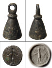 "A nice Byzantine Bronze Stamp Seal, 6th - 8th Century A.D. , a bronze stamp seal of conical form, a large suspension loop above horizontal ridge. The...