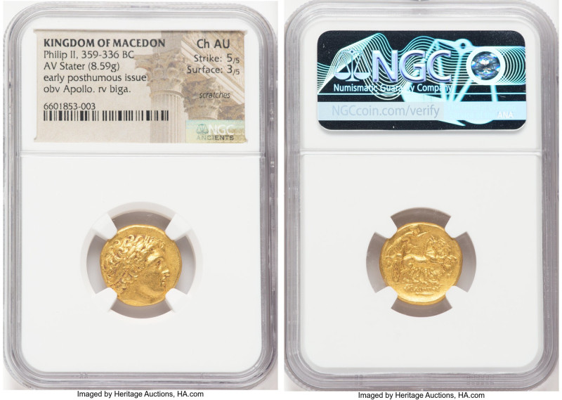 MACEDONIAN KINGDOM. Philip II (359-336 BC). AV stater (18mm, 8.59 gm, 12h). NGC ...