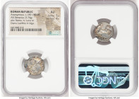 Anonymous. After ca. 211 BC. AR denarius (18mm, 3.74 gm, 7h). NGC AU 5/5 - 4/5. Rome. Head of Roma right, wearing pendant earring, necklace and winged...