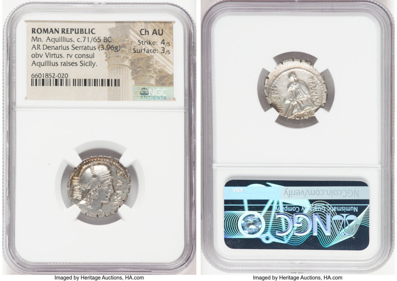 Mn. Aquillius M.f. (ca. 71/65 BC). AR serratus denarius (20mm, 3.96 gm, 5h). NGC...