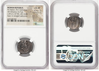 M. Plaetorius M.f. Cestianus (ca. 67 or 57 BC). AR denarius (19mm, 3.71 gm, 7h). NGC Choice XF 5/5 - 5/5. Rome. Head of Bonus Eventus right, with flow...