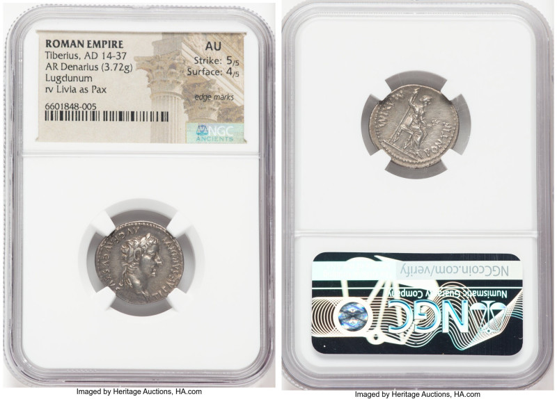 Tiberius (AD 14-37). AR denarius (19mm, 3.72 gm, 7h). NGC AU 5/5 - 4/5, edge mar...