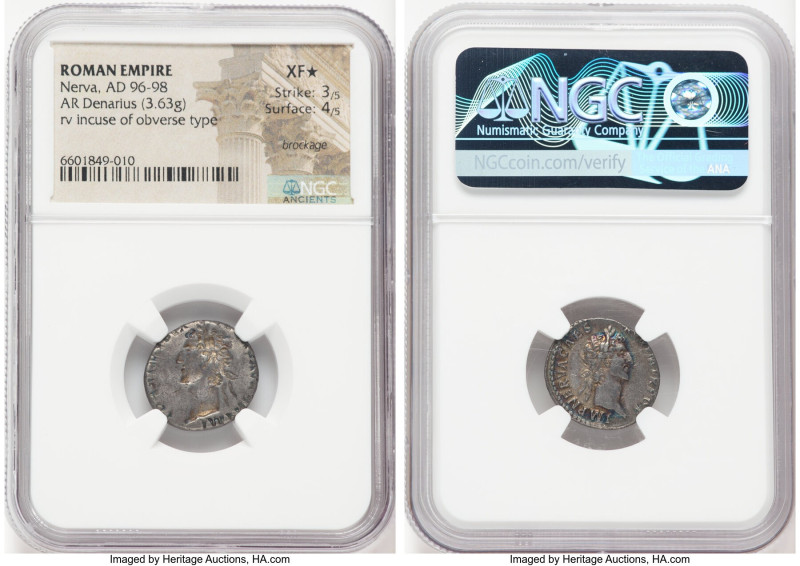 Nerva (AD 96-98). AR denarius (17mm, 3.63 gm, 12h). NGC XF S 3/5 - 4/5, brockage...