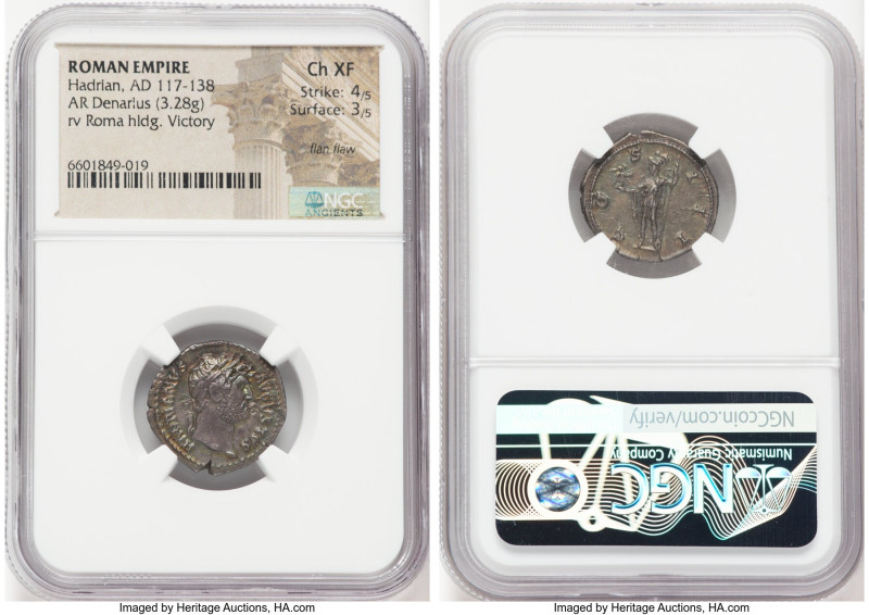 Hadrian (AD 117-138). AR denarius (20mm, 3.28 gm, 6h). NGC Choice XF 4/5 - 3/5, ...