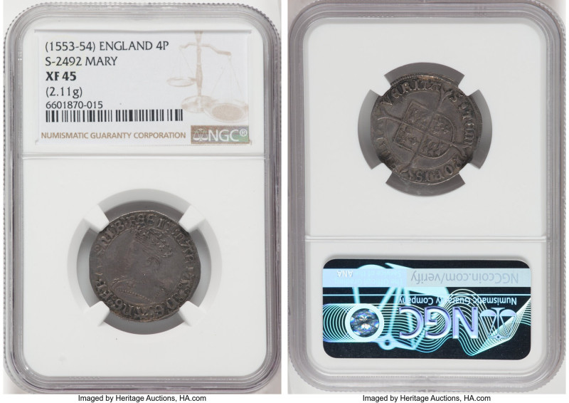 Mary (Sole Reign, 1553-1558) Groat (4 Pence) ND (1553-1554) XF45 NGC, Tower mint...