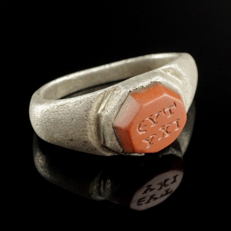 Roman Intaglio Ring 
1st-4th century CE
Silver, Red Jasper, 23 mm; 18 mm inter...
