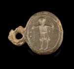 Early Byzantine double-sided seal stamp
6th-10th century CE
Bronze/Billon?, 24 mm
Double-sided seal stamp with suspension loop, showing a male figu...