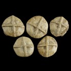 Byzantine/Medieval Lead Tokens
10th-15th century CE
Lead, 17-20 mm
Five cast tokens showing a cross on the front.
Very fine condition.
Ex. Coll. ...