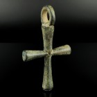 Byzantine Cross Pendant
8th-12th century CE
Bronze, 95 mm
Massive cast cross pendant with suspension loop.
Very fine condition.
Ex. Coll. M.C., a...