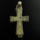 Byzantine Reliquary Cross/Encolpion
10th-12th century CE
Bronze, 72 mm
Intact two-sided encolpion, engraved with greek letters and hinged suspensio...