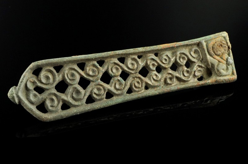 Avar Strap-End
8th century CE
Bronze, 96 mm
Openwork cast showing an ornament...
