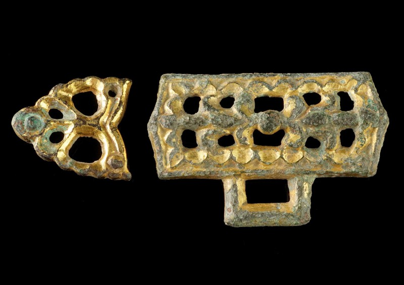 Avar Gilded Belt Mounts
8th century CE
Gilded Bronze, 19-39 mm
Gilded bronze ...