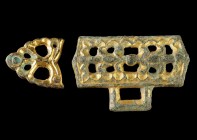 Avar Gilded Belt Mounts
8th century CE
Gilded Bronze, 19-39 mm
Gilded bronze belt mounts in floral design.
Very fine condition.
Ex. Coll. M.D., a...