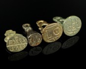 Seal Stamps
8th-17th century CE
Bronze, 21-24 mm
Lot consisting of byzantine and ottoman seal stamps. Intact.
Very fine condition.
Ex. Coll. B.K....