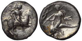 CALABRIA. Tarentum. Circa 272-240 BC. Nomos (silver, 5.86 g, 20 mm). Di- and Apollonios, magistrate. Helmeted warrior on cantering horse to right, hol...