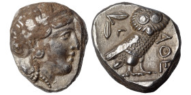 ATTICA, Athens. Circa 454-404 BC. AR Tetradrachm (silver, 17.25 g, 23 mm).Helmeted head of Athena right. Rev. AΘE Owl standing right, head facing; oli...