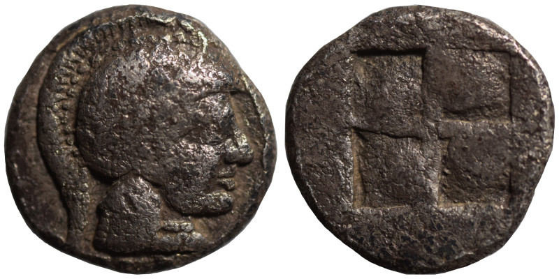 MACEDON, Akanthos. Circa 500-470 BC. Ar Diobol (silver, 1.19 g, 11 mm). Helmeted...